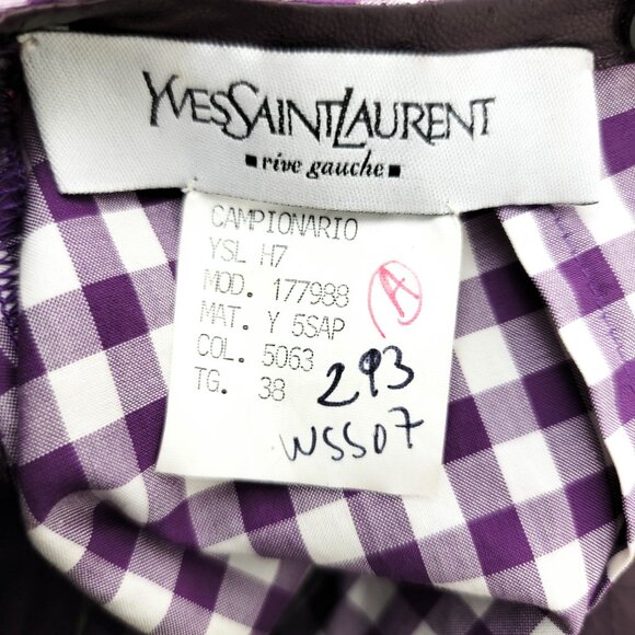 Vintage Yves Saint Laurent Purple Gingham Plaiand Leather Tie Shoulder Blouse XS - Picture 10 of 11